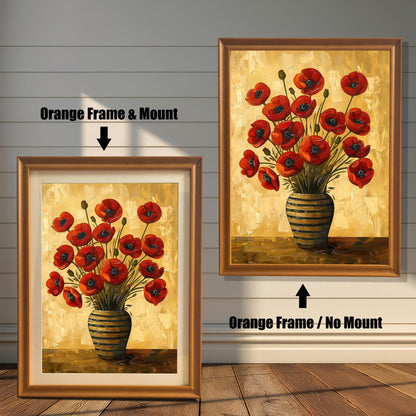 Two art prints of red poppies in a striped vase. The one on the left has an orange-colored frame with a white mat. The one on the right has an orange-colored frame with no mat.