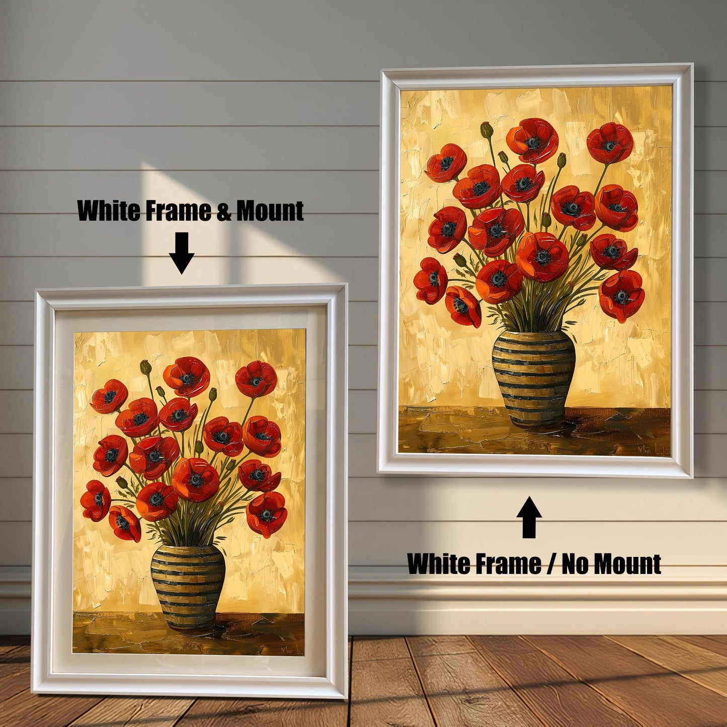 Two art prints of red poppies in a striped vase. The one on the left has a white frame with a white mat. The one on the right has a white frame with no mat.