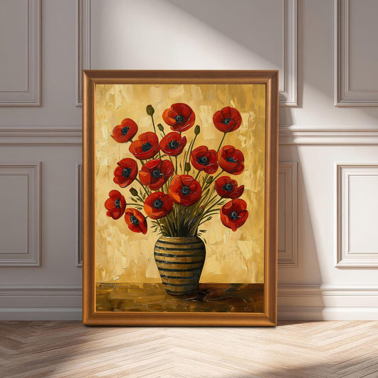 An orange-framed art print of red poppies in a striped vase leans on a wood floor against a white paneled wall with sun shining on it.