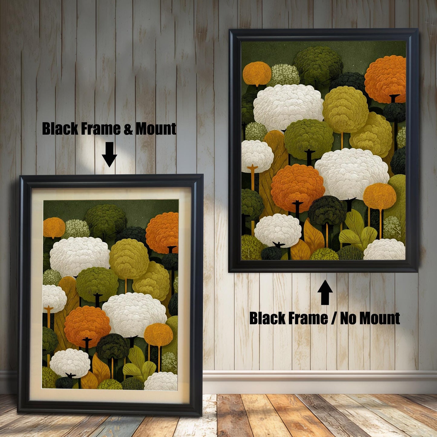 Two art prints of abstract trees. The one on the left has a black frame with a white mat. The one on the right has a black frame with no mat.