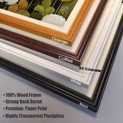 A stack of four corner samples for art frames. From top to bottom, the colors are orange, coffee, white, and black. Text lists frame features like "100% Wood Frame."