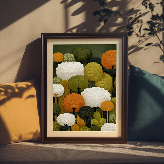 A coffee-colored, framed art print of abstract trees sits on a couch with yellow and teal pillows.