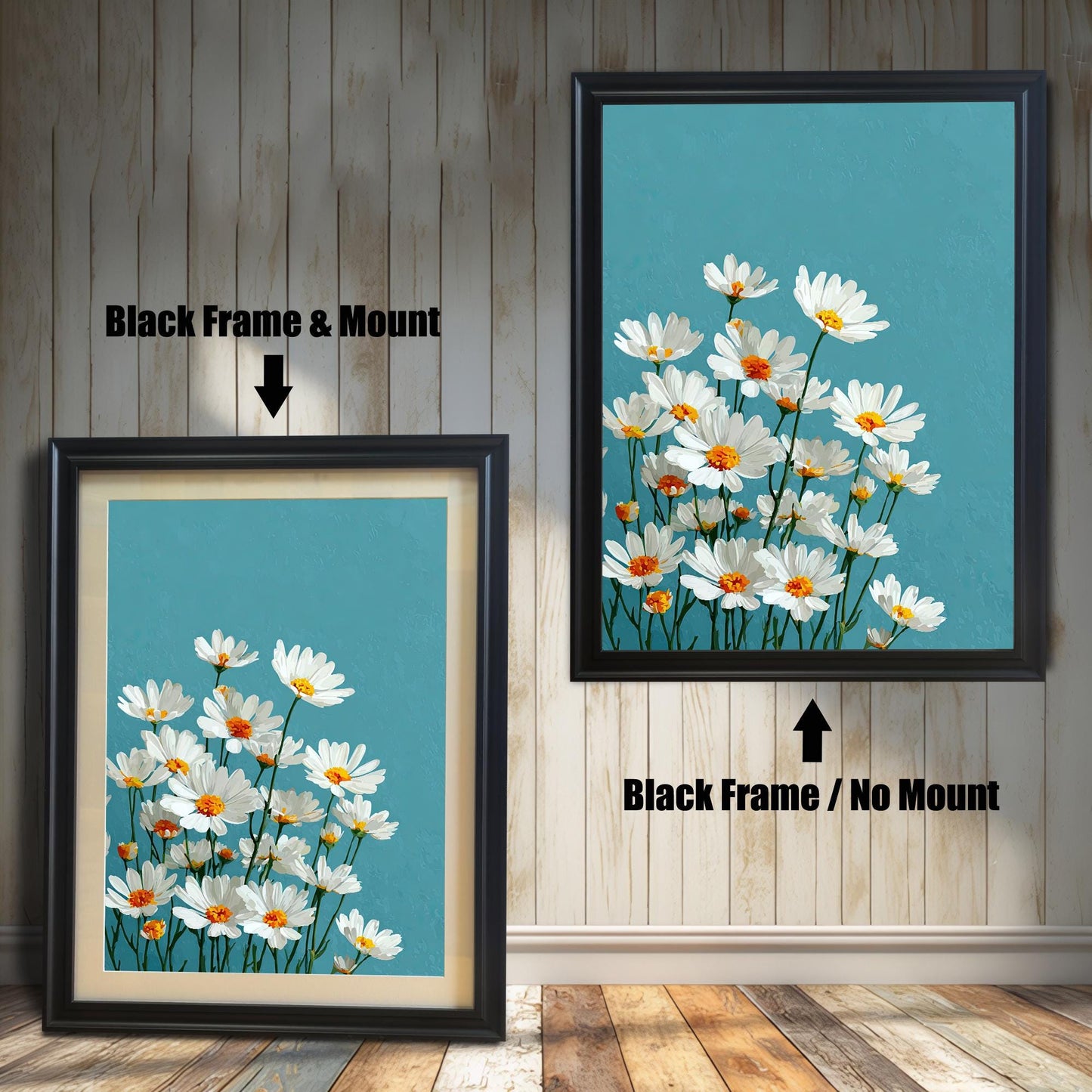 Two art prints of white daisies. The one on the left has a black frame with a white mat. The one on the right has a black frame with no mat.