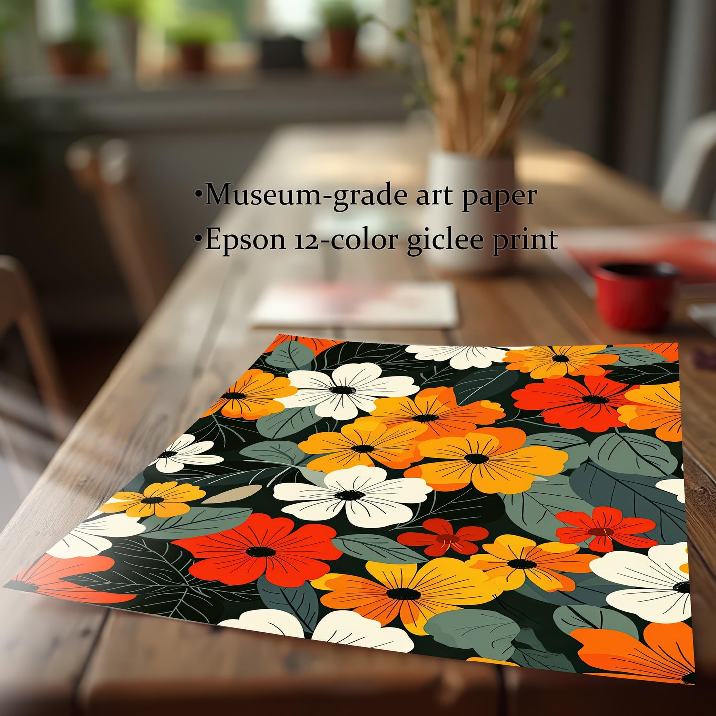 A close-up, angled view of a paper art print featuring colorful flowers. Text highlights "Museum-grade art paper" and "Epson 12-color giclee print."