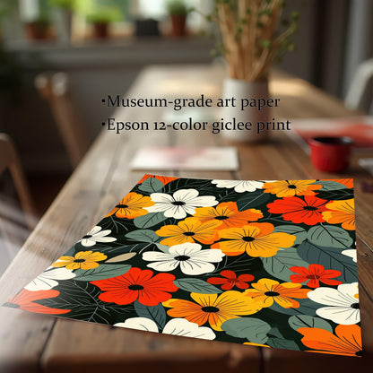 A close-up, angled view of a paper art print featuring colorful flowers. Text highlights "Museum-grade art paper" and "Epson 12-color giclee print."
