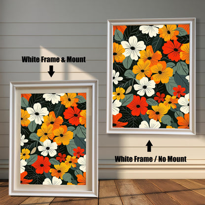 Two art prints of colorful flowers. The one on the left has a white frame with a white mat. The one on the right has a white frame with no mat.