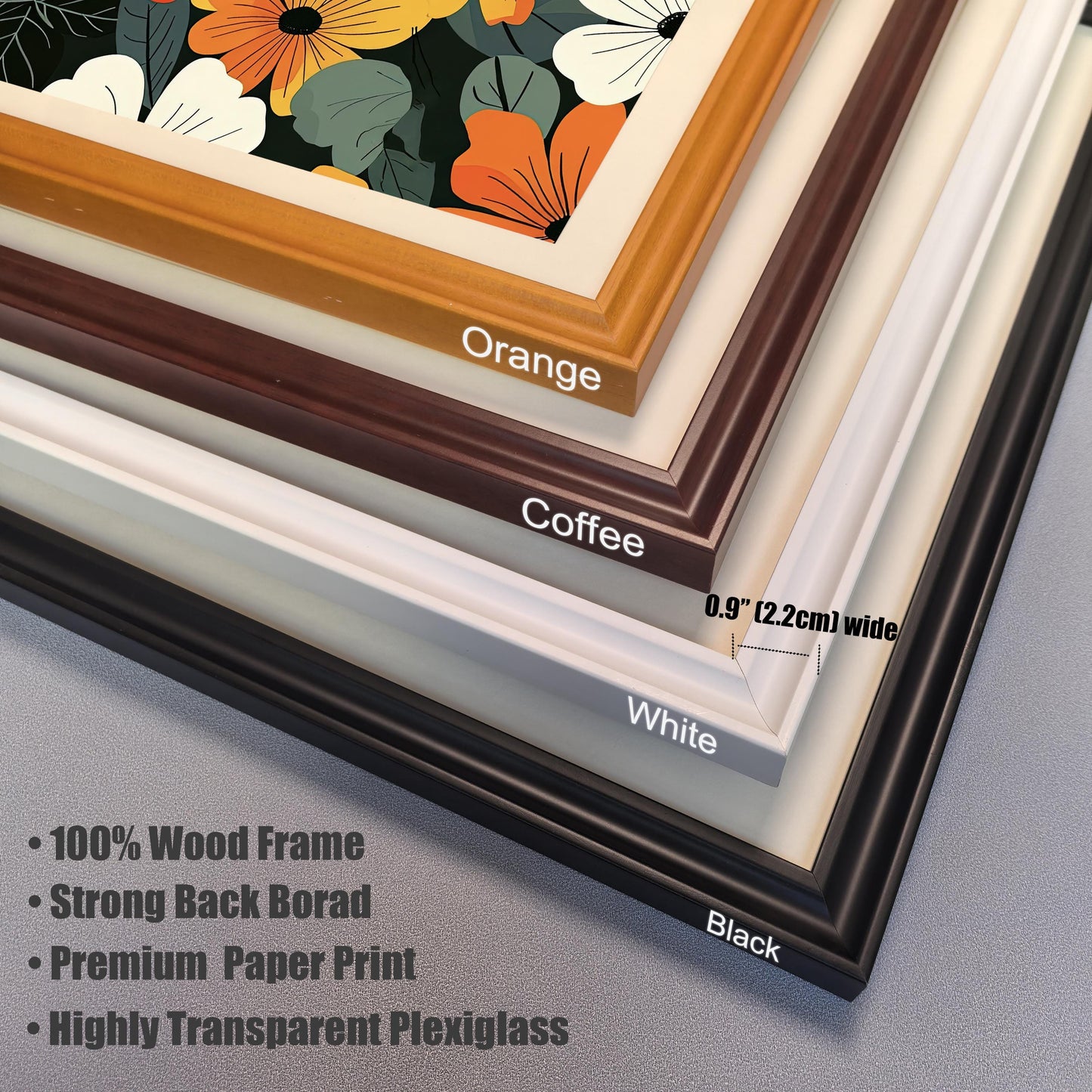A stack of four corner samples for art frames. From top to bottom, the colors are orange, coffee, white, and black. Text lists frame features like "100% Wood Frame."