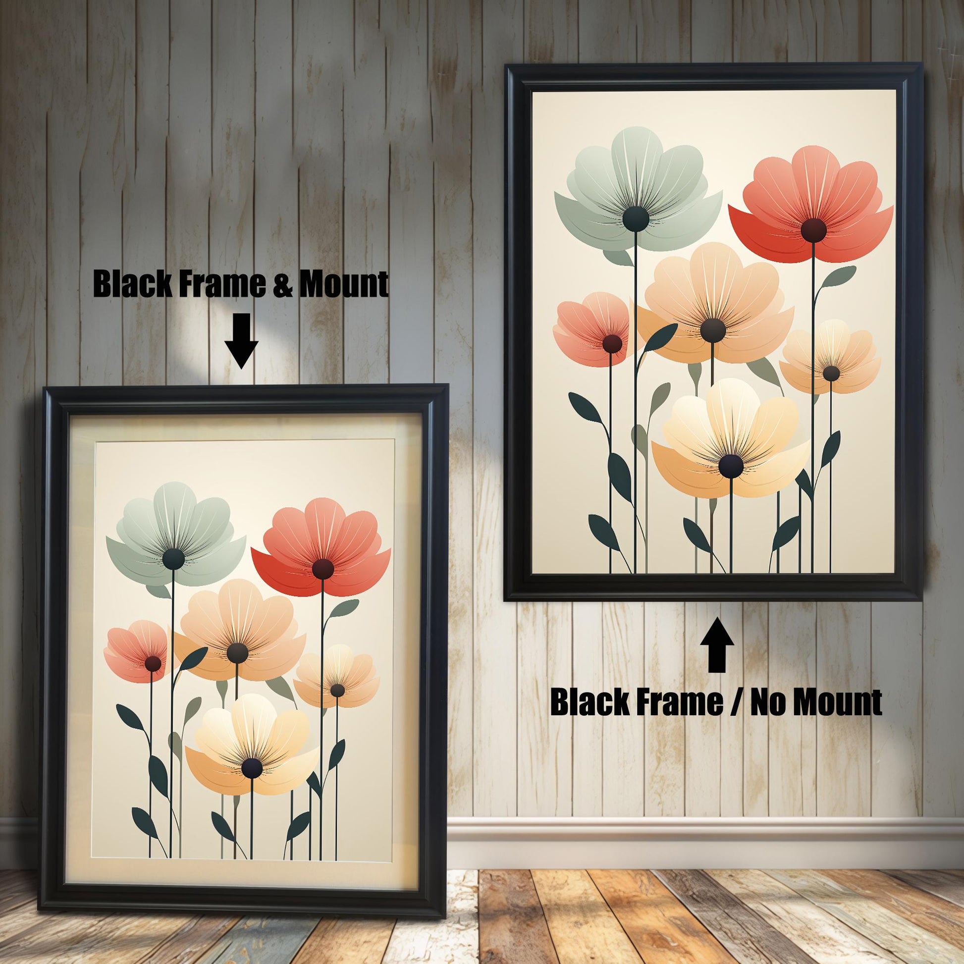 Two art prints of abstract flowers. The one on the left has a black frame with a white mat. The one on the right has a black frame with no mat.