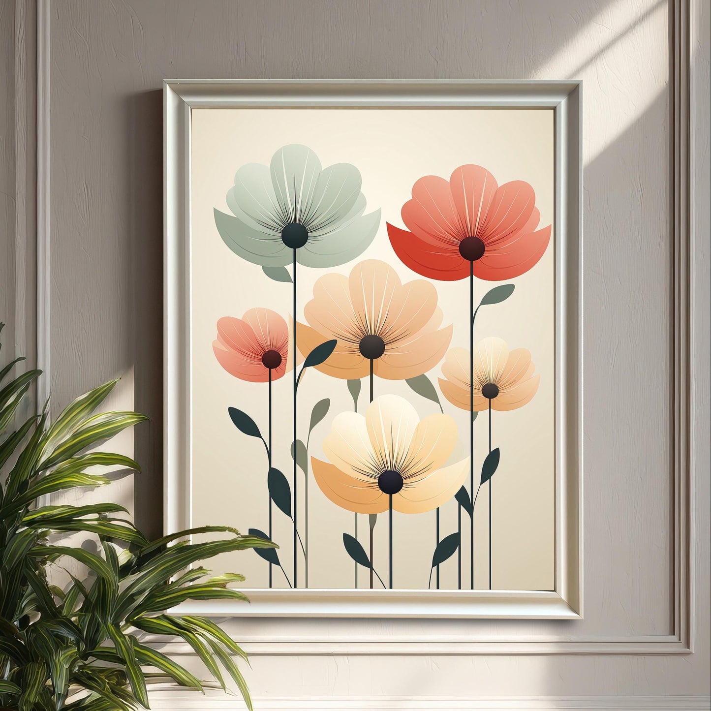 A white-framed, minimalist art print with abstract flowers in red, peach, cream, and teal hanging on a textured wall next to a houseplant.