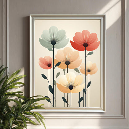 A white-framed, minimalist art print with abstract flowers in red, peach, cream, and teal hanging on a textured wall next to a houseplant.