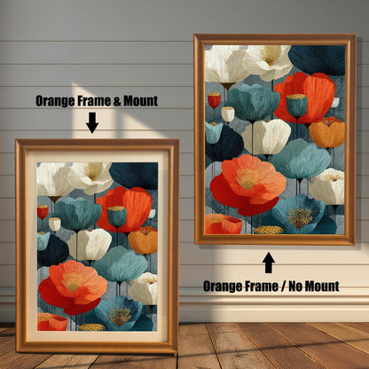 A side-by-side comparison of an abstract floral art print in an orange frame. The print on the left includes a white mat ("mount"), while the one on the right does not.