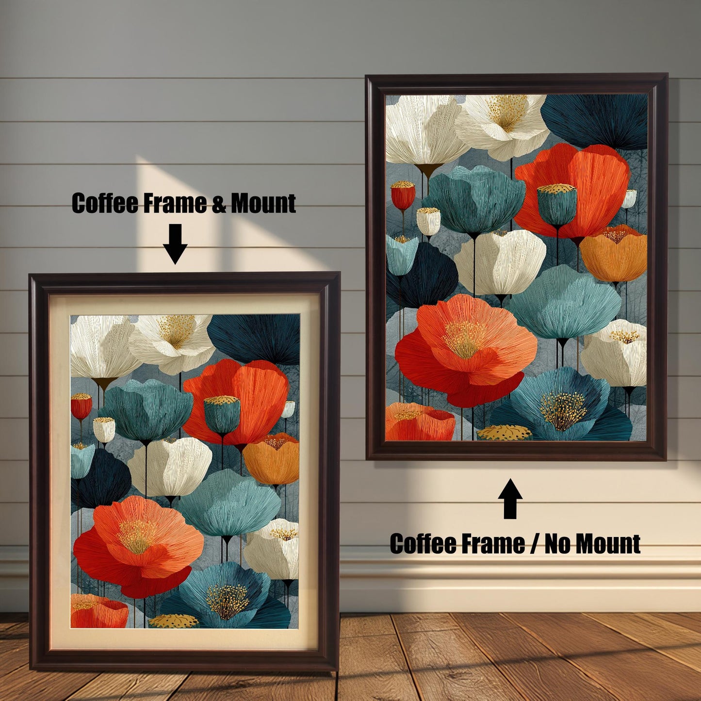 A side-by-side comparison of an abstract floral art print in a coffee-colored frame. The print on the left includes a white mat ("mount"), while the one on the right does not.