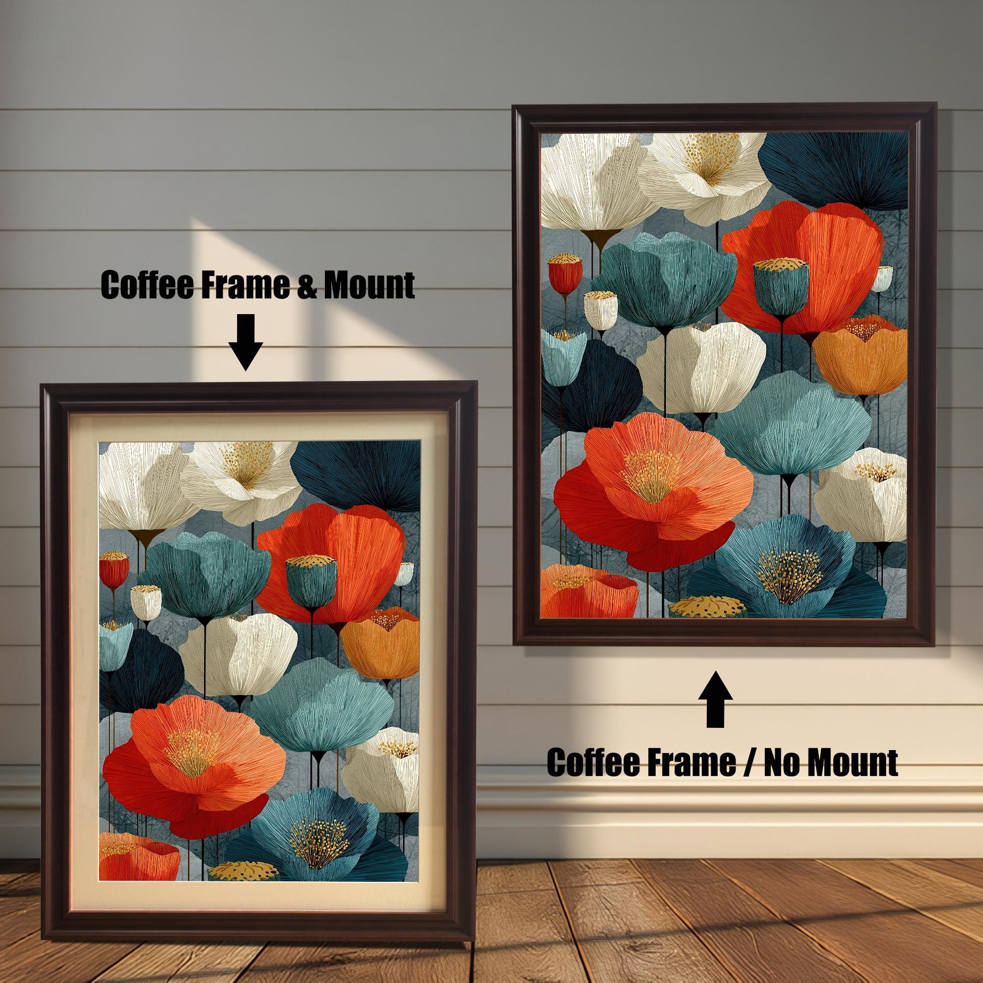 A side-by-side comparison of an abstract floral art print in a coffee-colored frame. The print on the left includes a white mat ("mount"), while the one on the right does not.