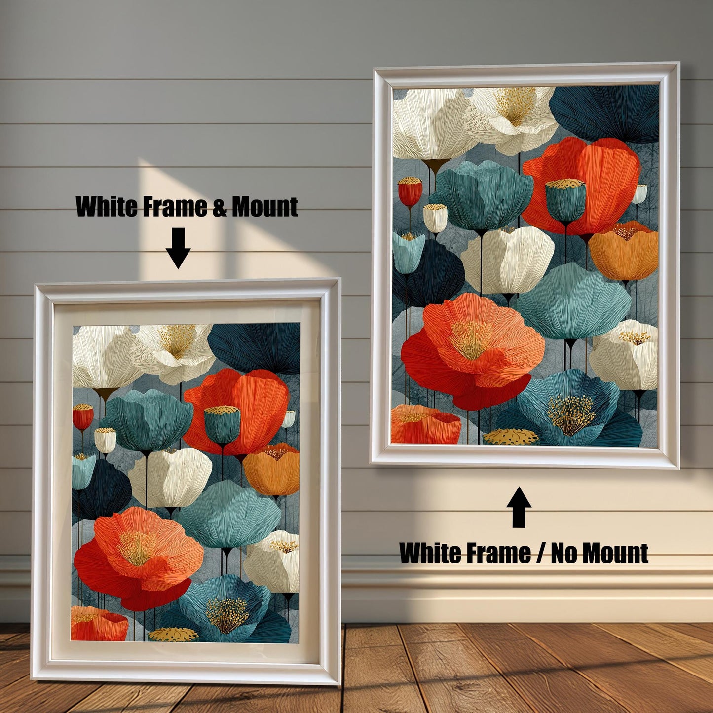 A side-by-side comparison of an abstract floral art print in a white frame. The print on the left includes a white mat ("mount"), while the one on the right does not.