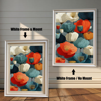 A side-by-side comparison of an abstract floral art print in a white frame. The print on the left includes a white mat ("mount"), while the one on the right does not.