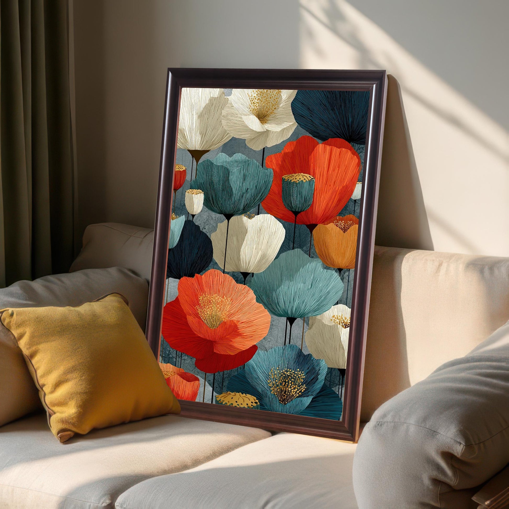 A framed art print featuring a stylized floral design, leaning on a light-colored sofa with pillows, demonstrating how the art looks in a home setting.