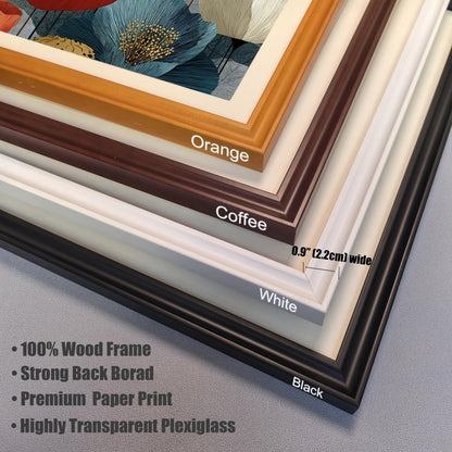 A stack of four wooden frames in different colors: orange, coffee, white, and black. A note indicates the frame width is 0.9 inches (2.2 cm) and other material specs.