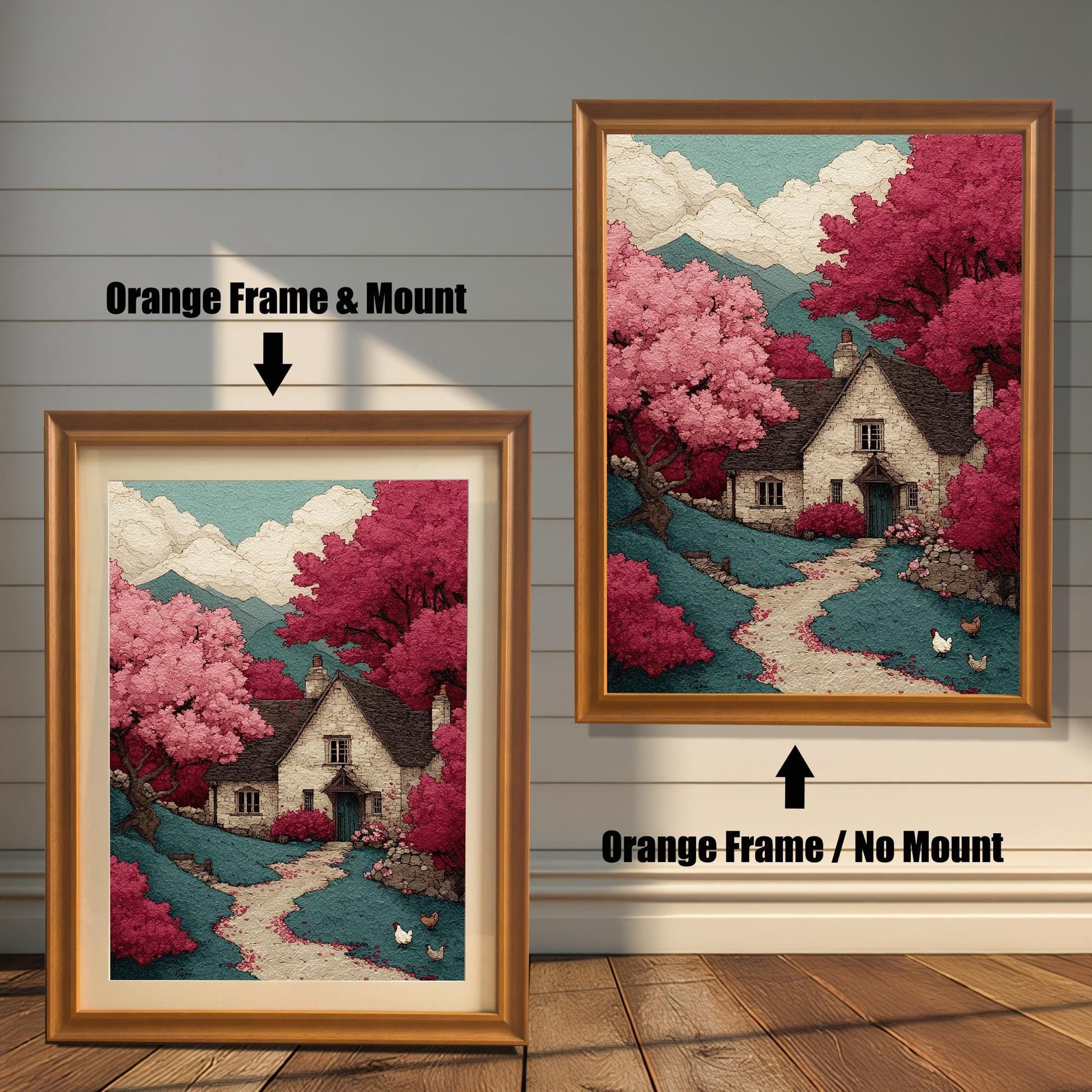 A side-by-side comparison of a cottage art print in an orange frame. The print on the left includes a white mat ("mount"), while the one on the right does not.