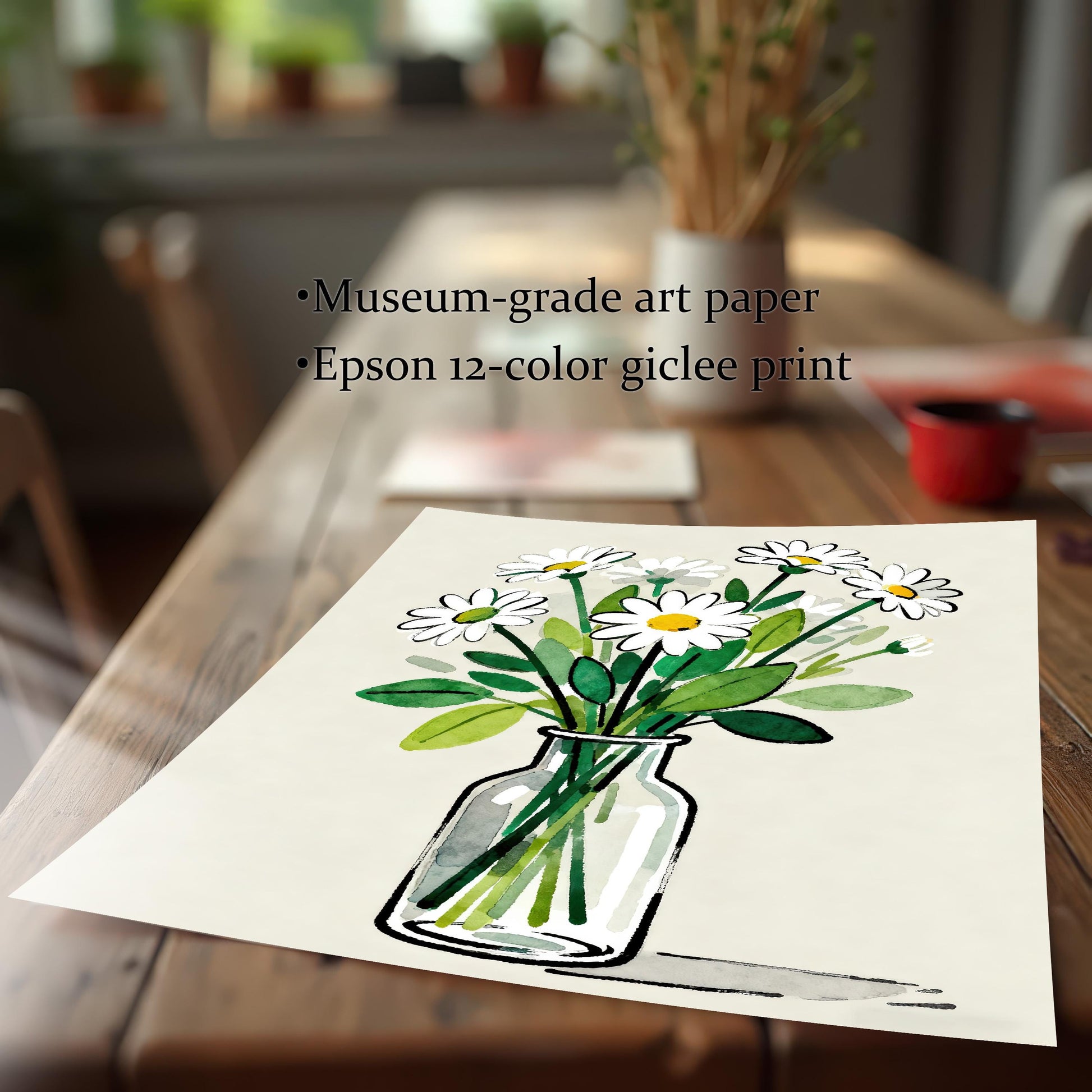 A close-up shot of the daisy art print lying on a wooden table, showing the text "Museum-grade art paper" and "Epson 12-color giclee print."
