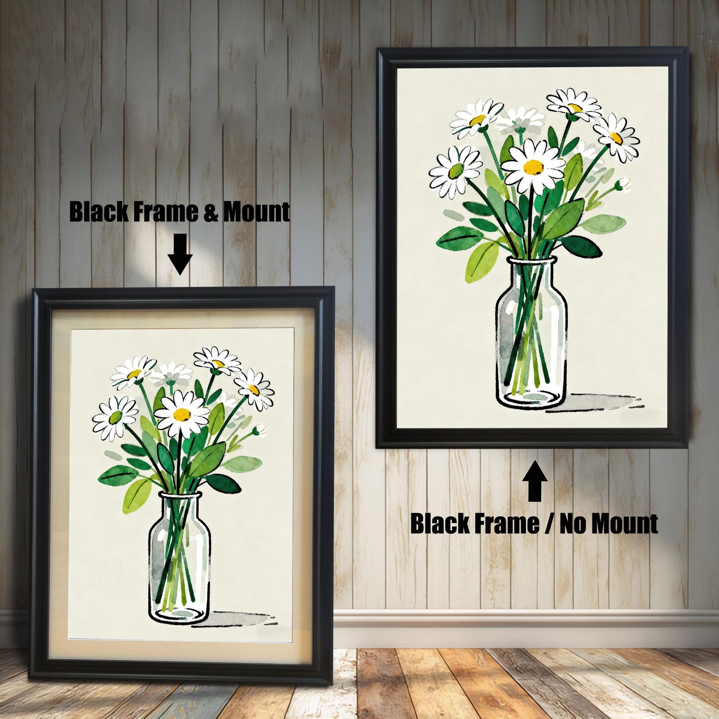 A side-by-side comparison of a daisy art print in a black frame. The print on the left includes a white mat ("mount"), while the one on the right does not.