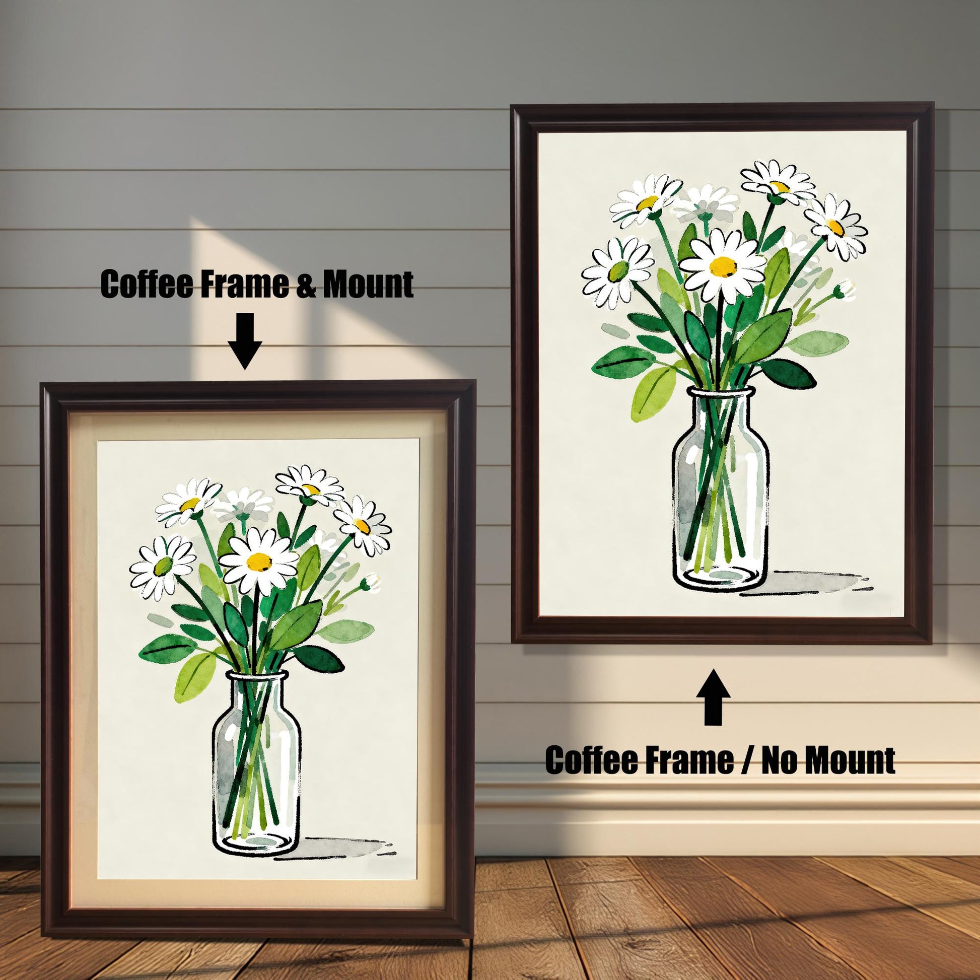A side-by-side comparison of a daisy art print in a coffee-colored frame. The print on the left includes a white mat ("mount"), while the one on the right does not.