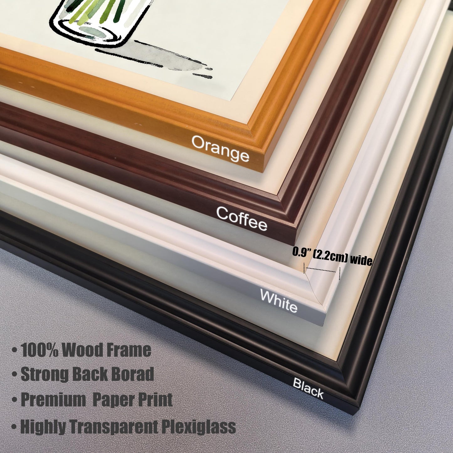 A stack of four wooden frames in different colors: orange, coffee, white, and black. A note indicates the frame width is 0.9 inches (2.2 cm) and other material specs.