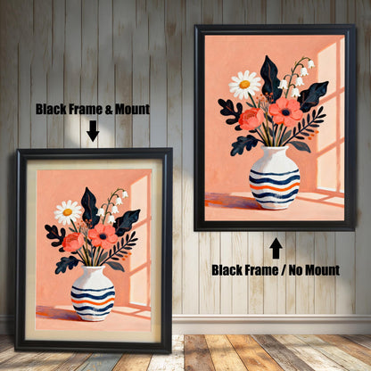 A side-by-side comparison of a floral art print in a black frame. The print on the left includes a white mat ("mount"), while the one on the right does not.
