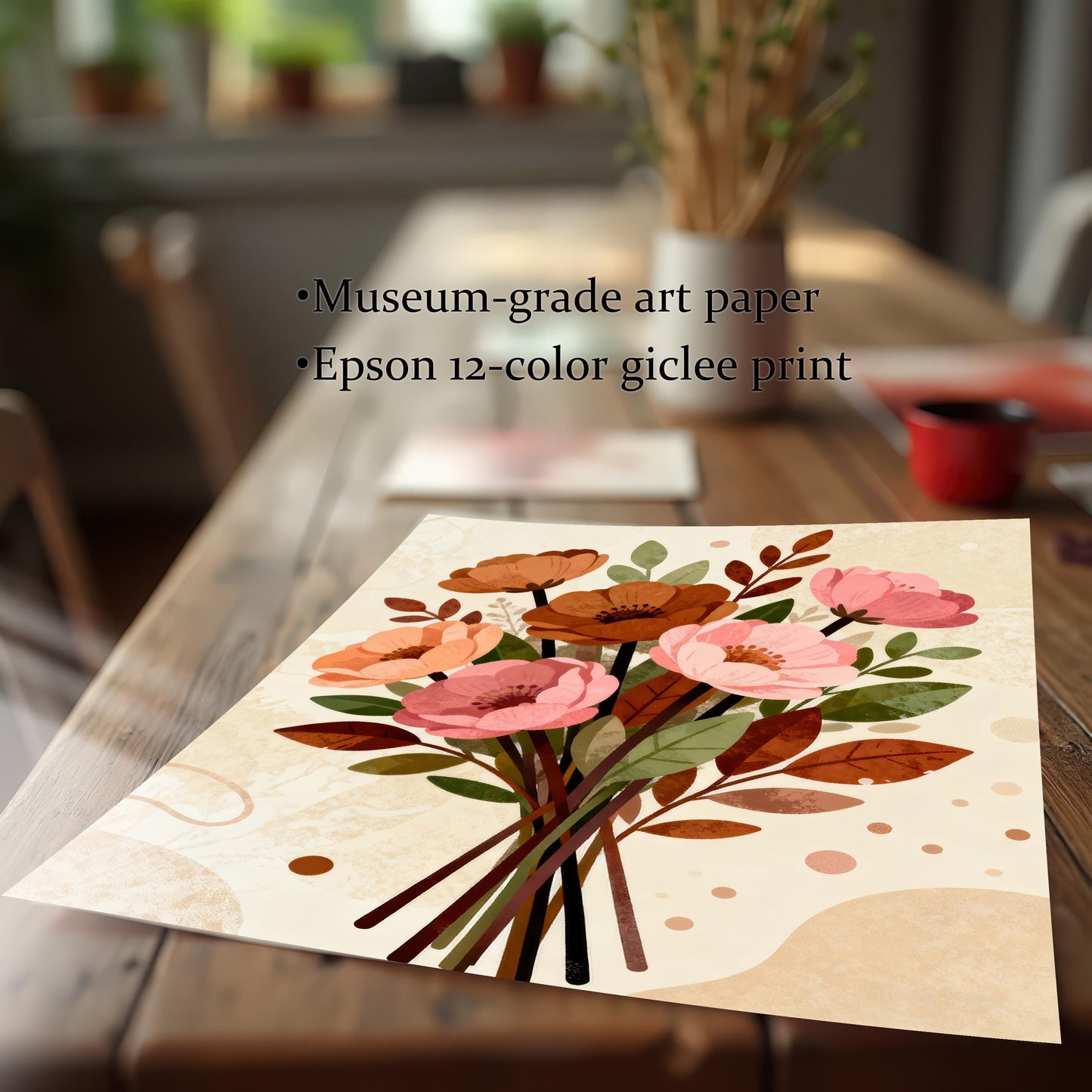 A close-up shot of the floral art print lying on a wooden table, showing the texture and quality of the "museum-grade art paper."