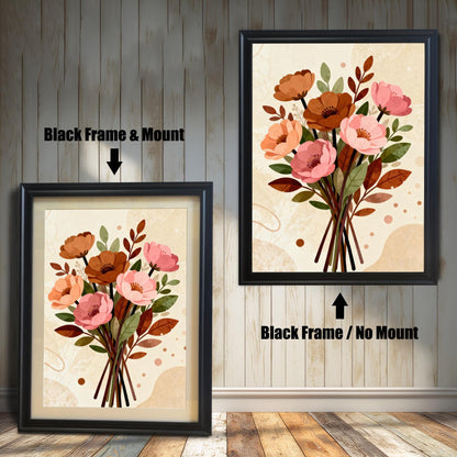 A side-by-side comparison of a floral art print in a black frame. The print on the left includes a white mat ("mount"), while the one on the right does not.