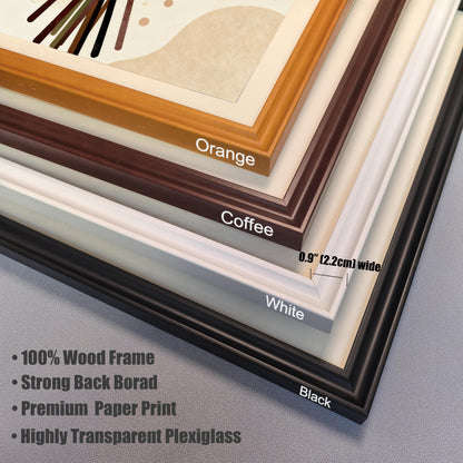 A stack of four wooden frames in different colors: orange, coffee, white, and black. A note shows the frame width is 0.9 inches (2.2 cm).