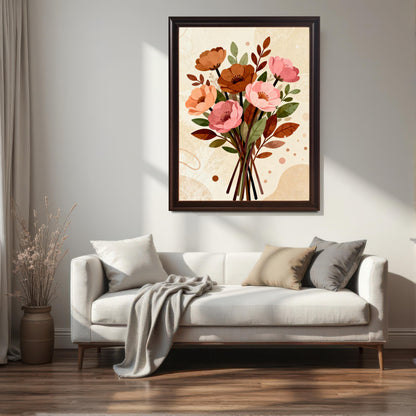 A framed floral art print in a coffee-colored frame hanging above a light-colored sofa with pillows, demonstrating how the art looks in a home setting.
