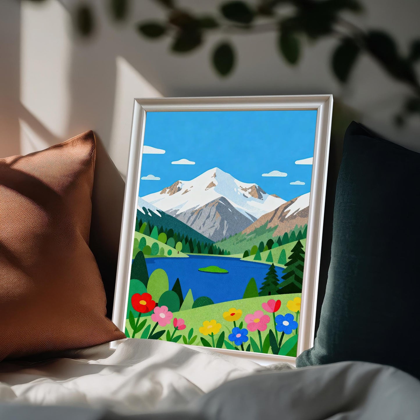 A framed folk art print of a mountain lake and snowy peaks leans against brown and dark green pillows on a white duvet cover.