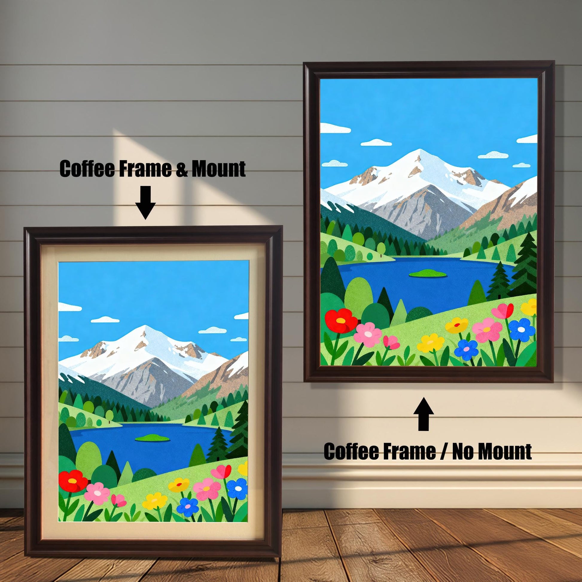 A side-by-side comparison of a mountain lake art print in a coffee-colored frame, one with a white matting and one without.