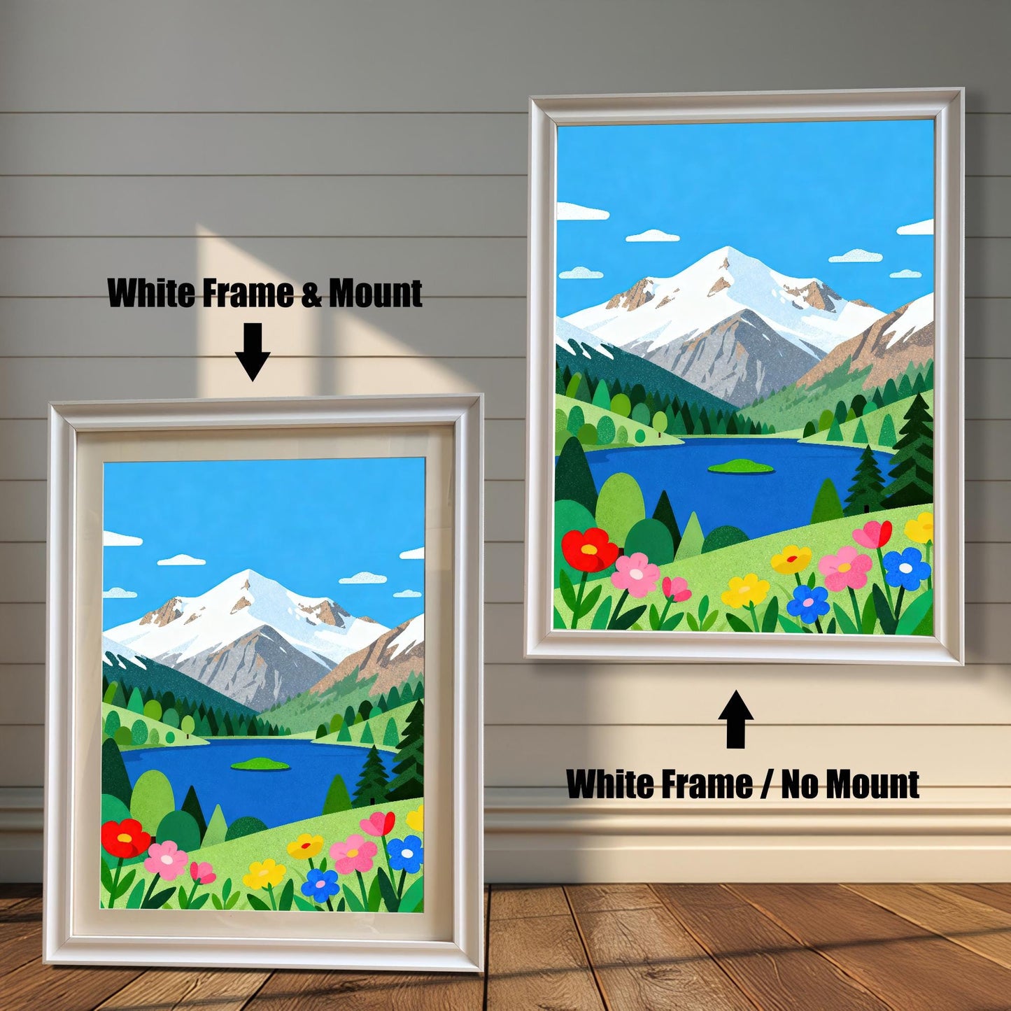 A side-by-side comparison of a mountain lake art print in a white frame, one with a white matting and one without.