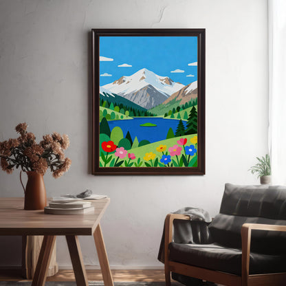 A framed folk art print of a mountain lake and snowy peaks hangs on a textured wall in a room with a wooden table and a black armchair.