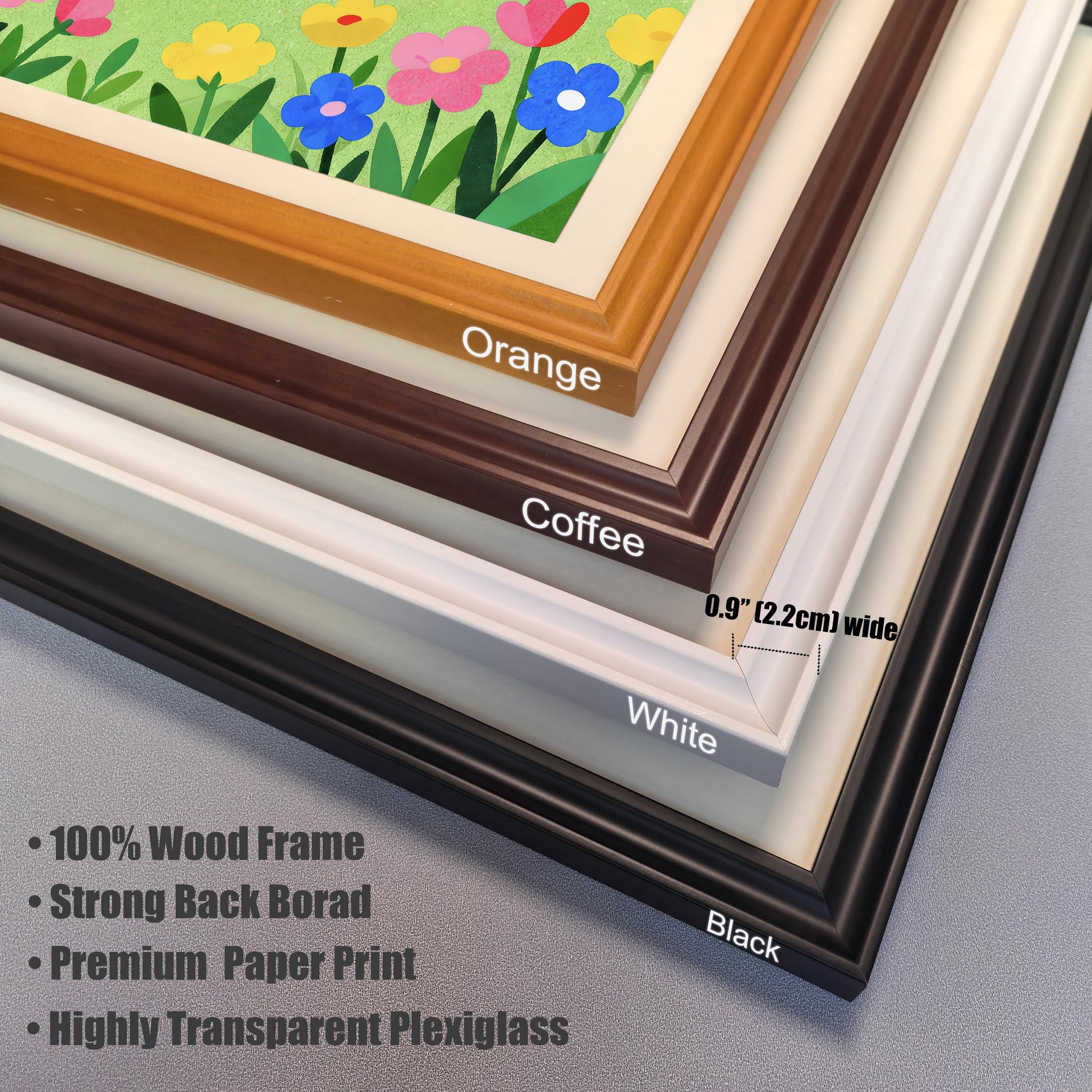A close-up view of stacked frame corners in four colors: orange, coffee, white, and black. Text describes the frame materials.