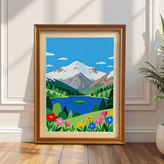 A framed folk art print of a mountain lake and a field of flowers rests on a floor, leaning against a white paneled wall next to a plant.