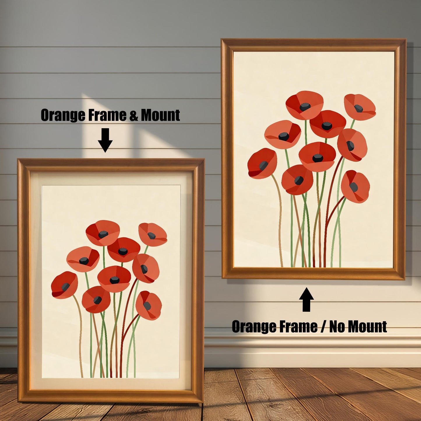 Two framed abstract poppy prints with a warm orange frame. One has a white matting, and the other does not.