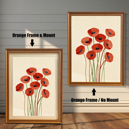 Two framed abstract poppy prints with a warm orange frame. One has a white matting, and the other does not.