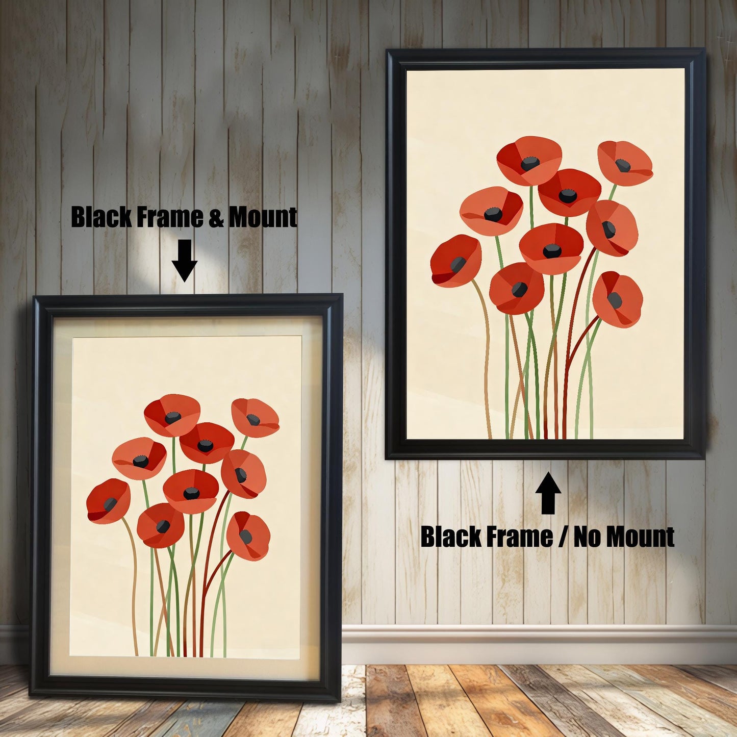 Two framed abstract poppy prints with a black frame. One has a white matting, and the other does not.