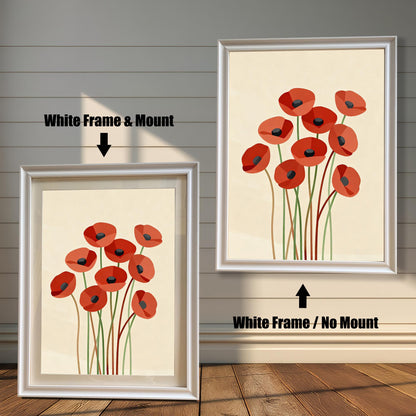 Two framed abstract poppy prints with a white frame. One has a white matting, and the other does not.