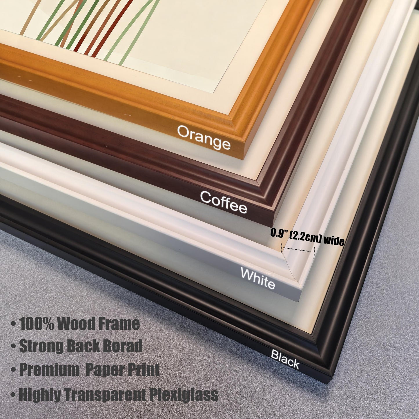 A close-up corner view of four different frame styles: orange, coffee (dark brown), white, and black. A ruler shows the frame is 0.9 inches wide.