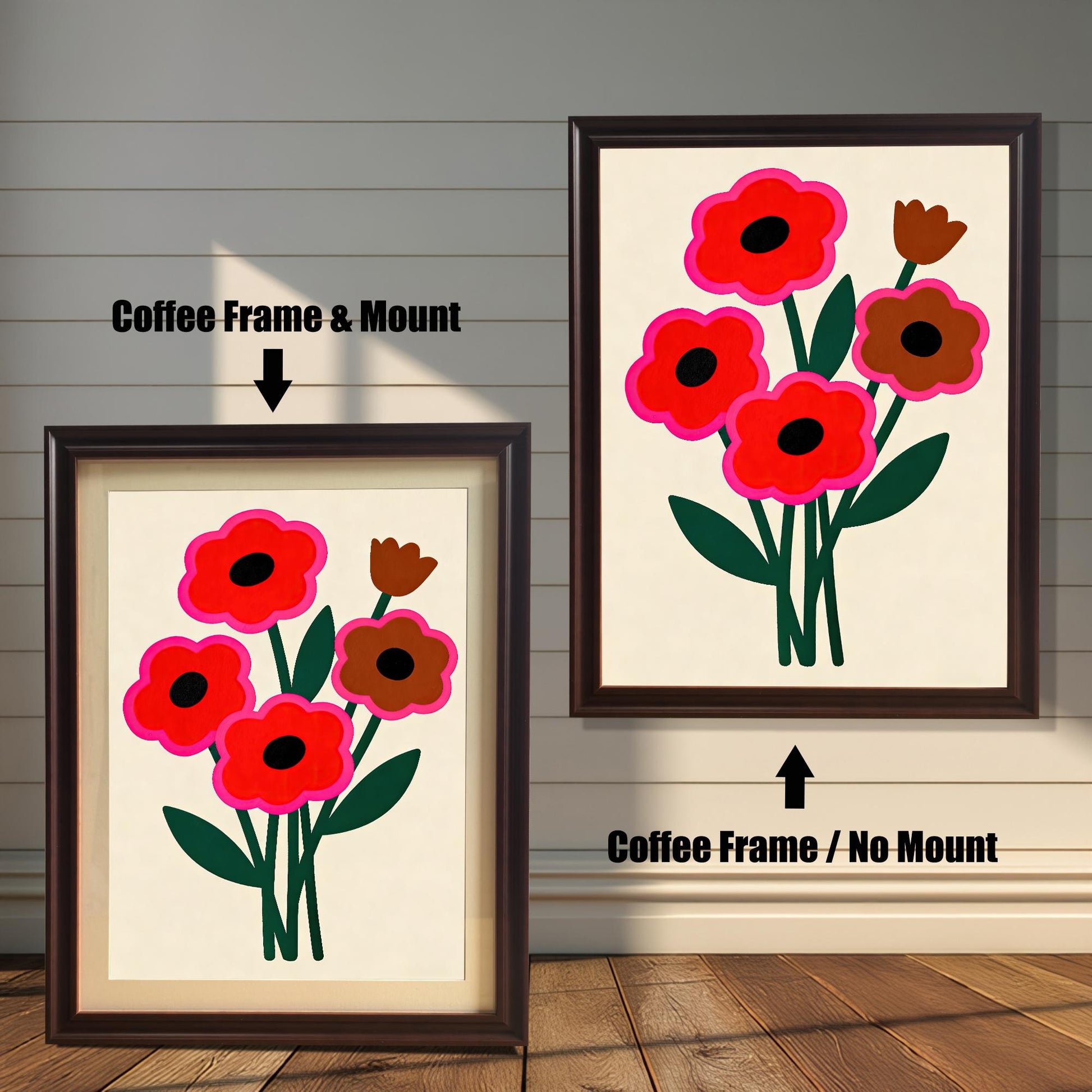 Two framed abstract floral paintings with red and brown flowers and a dark brown coffee-colored frame. One has a white matting, and the other does not.