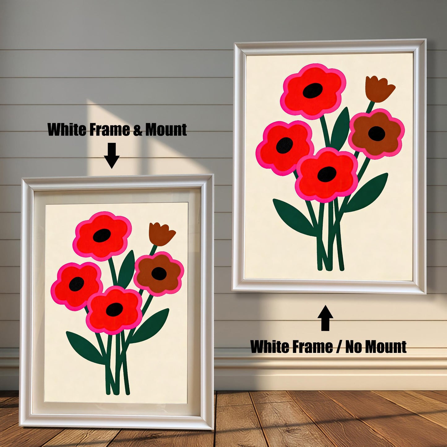 wo framed abstract floral paintings with red and brown flowers and a white frame. One has a white matting, and the other does not.