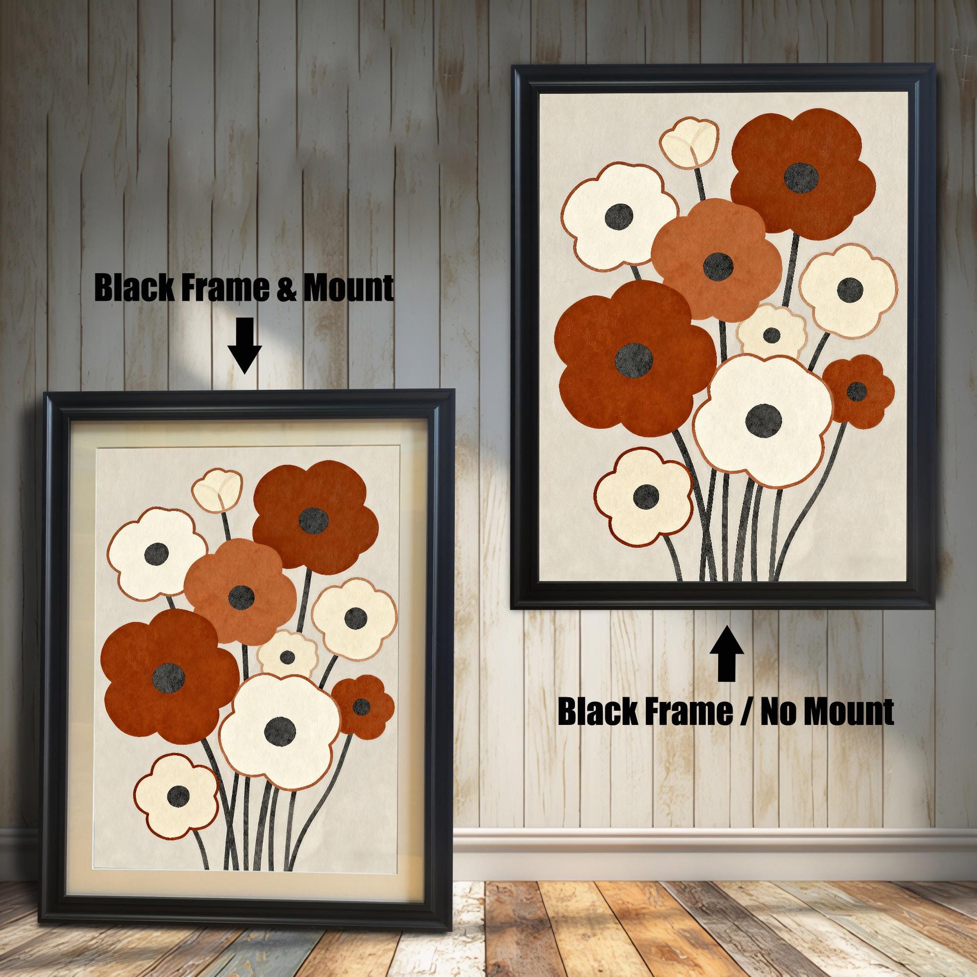 Two framed abstract floral paintings with brown and white flowers and a black frame. One has a white matting, and the other does not.