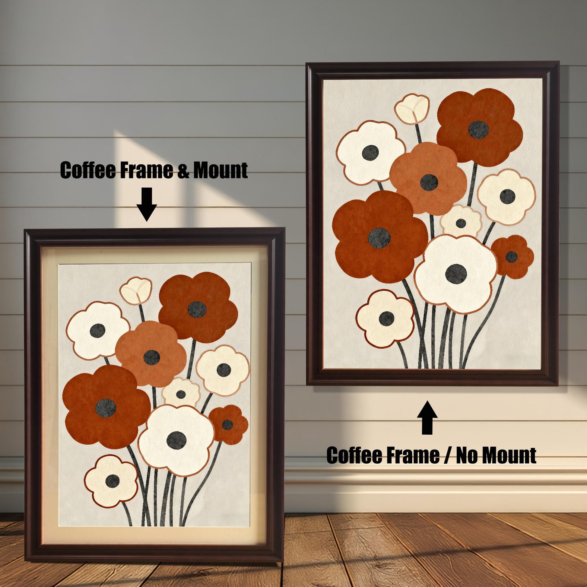 Two framed abstract floral paintings with brown and white flowers and a dark brown coffee-colored frame. One has a white matting, and the other does not.