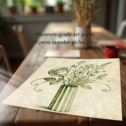 A close-up shot of a paper art print of a vintage-style rose and flowers in a vase lying on a wooden table. Text states the print is on museum-grade art paper using an Epson 12-color giclee process.