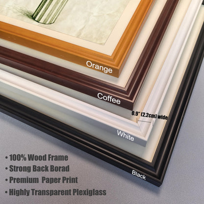 A corner view of four different frame color options stacked on top of each other: orange, coffee, white, and black. A ruler indicates the frame width is 0.9 inches.