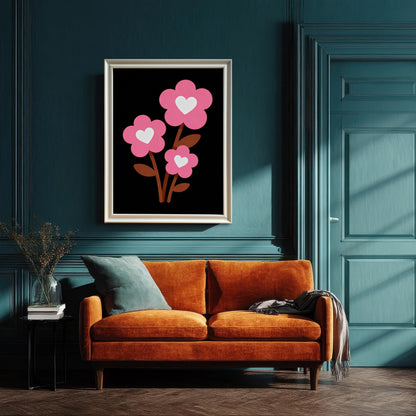 A framed art print of three pink flowers with white hearts hangs above an orange couch with a blue pillow and grey blanket. The wall and door are a deep blue color.