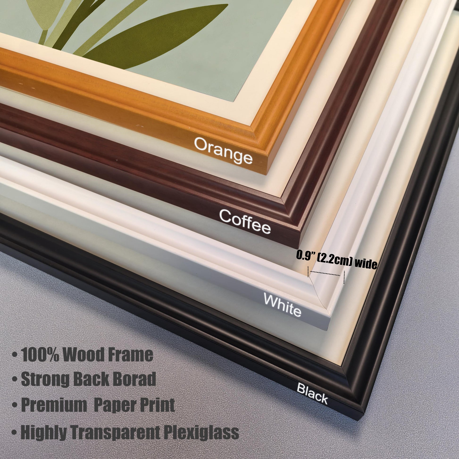 A corner view of four different frame color options stacked on top of each other: orange, coffee, white, and black. A ruler indicates the frame width is 0.9 inches.